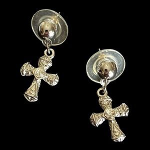 Vintage Silver Tone Cross Post Earrings With Clear Rhinestones